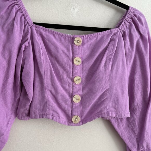 American Eagle Women S Purple Linen Blend Puff Sleeves Button Front Crop Top - Picture 3 of 10